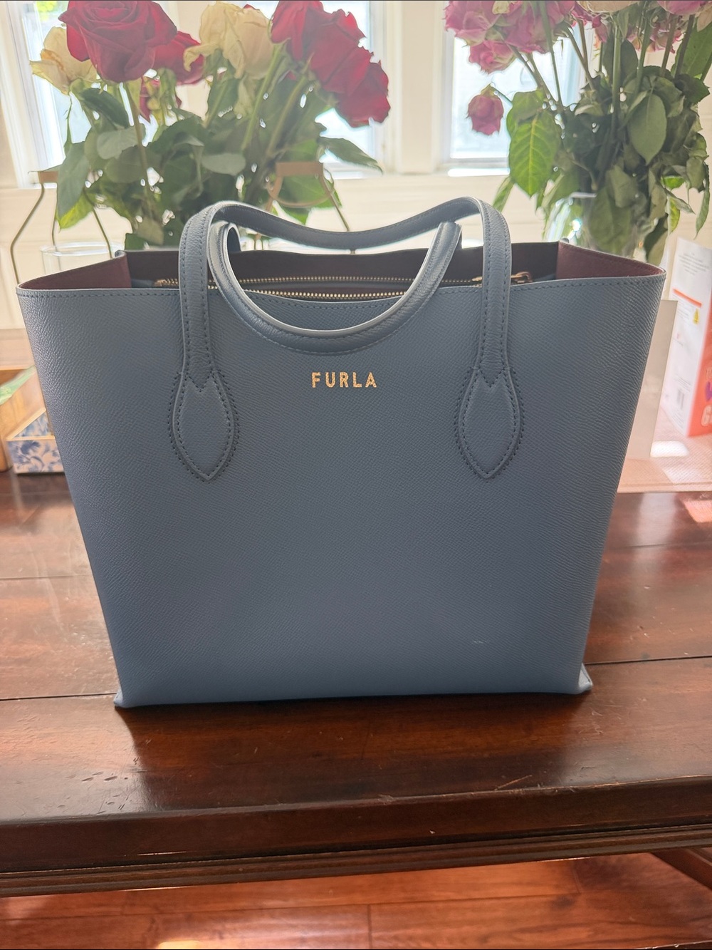 Furla Medium Powder Blue Leather Tote with Gold Logo